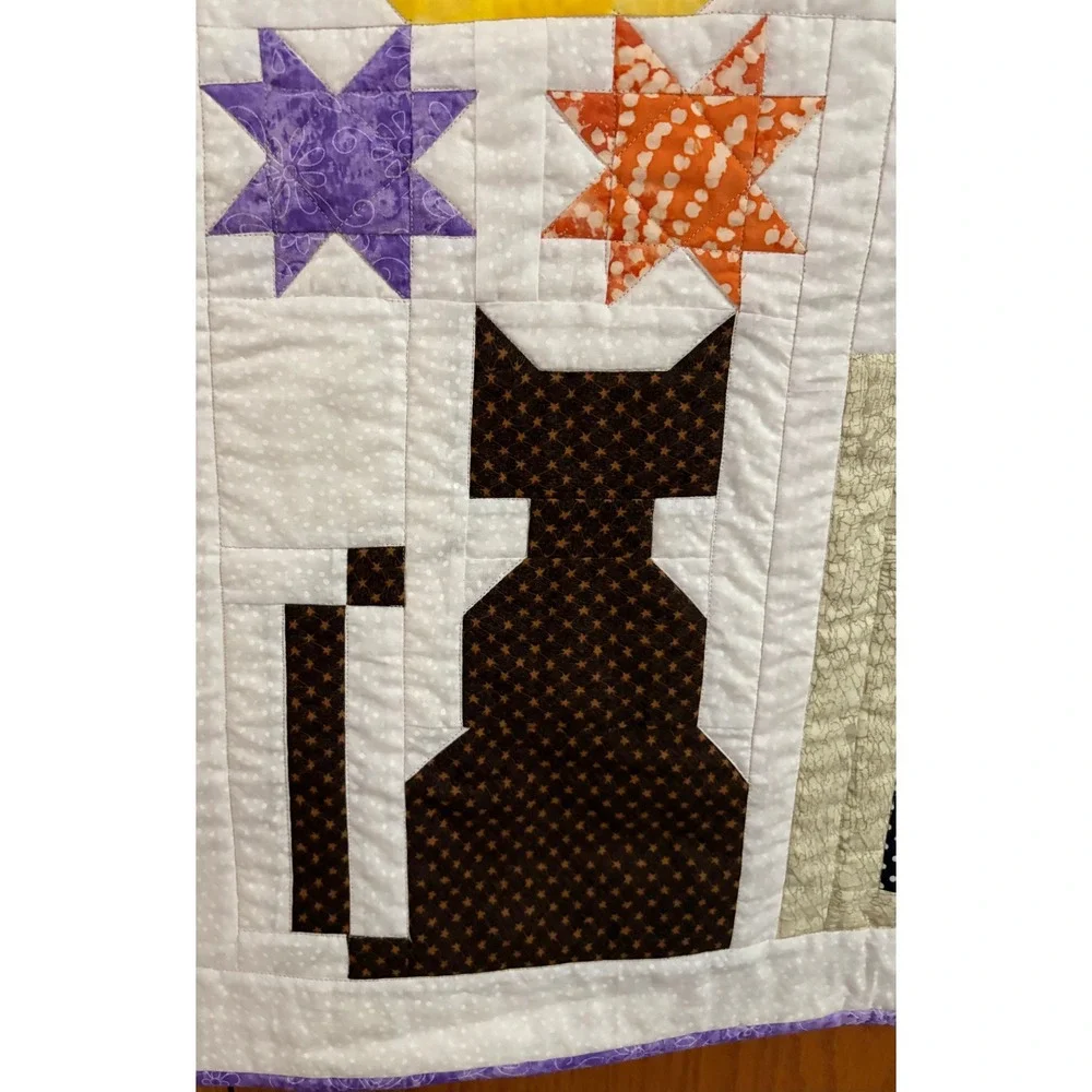 Handmade Halloween Quilt Wall Hanging Bat Moon Castle Cat Raven Script Fabric